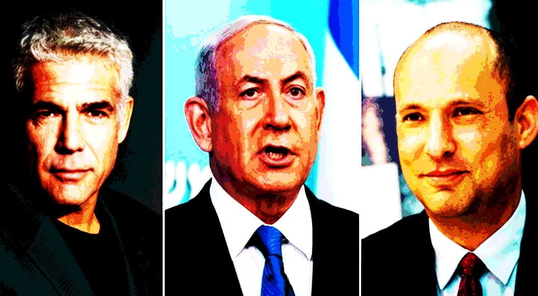 Yair Lapid (L), Benjamin Netanyahu (C) and Naftali Bennett (R